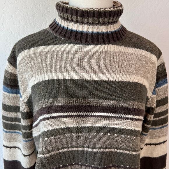 Vintage 90s Y2K Grunge Striped Turtleneck Sweater size Large Green Brown - Picture 9 of 9